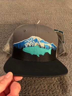 NWT -Trucker Hat with Mountain & Fish Embroidery - Teal Accent